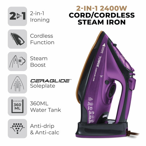 Tower T22008 CeraGlide Cordless Steam Iron with Ceramic Soleplate and Variable Steam Function, 2400 W, Purple