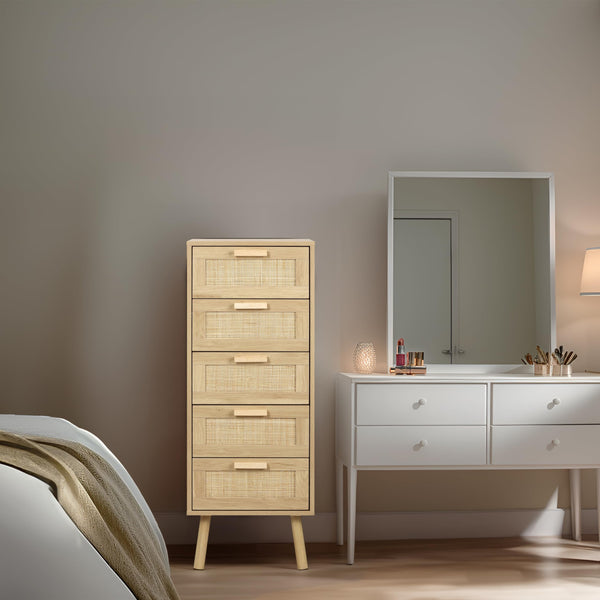 Finnhomy Rattan Chest of Drawers Bedroom, Tall Chester Drawers with 5 Hand Made Rattan Decorated Drawers for Bedroom, Small Bedside Cabinet with Wood