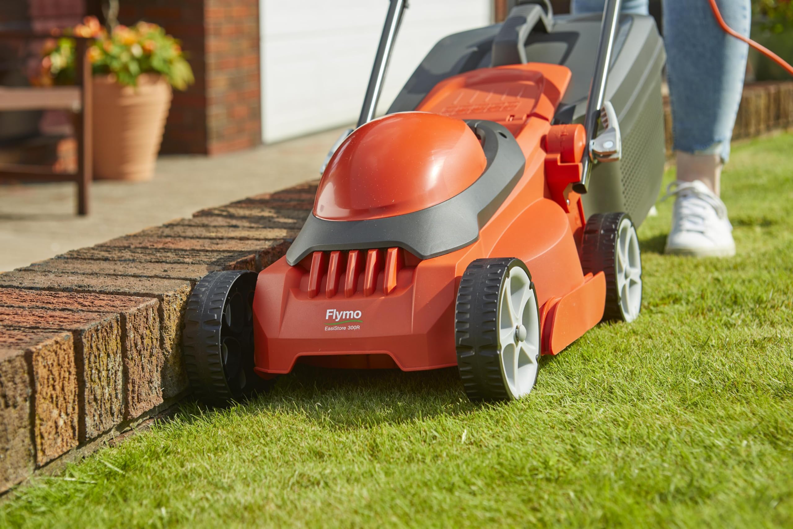 Flymo EasiStore 380R Electric Rotary Lawn Mower - 38 cm Cutting Width, 45 Litre Grass Box, Close Edge Cutting, Rear Roller, Central Height Adjust, Space Saving Storage Features