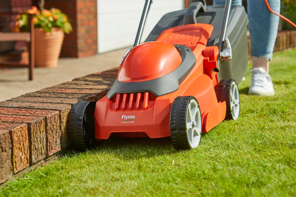Flymo EasiStore 380R Electric Rotary Lawn Mower - 38 cm Cutting Width, 45 Litre Grass Box, Close Edge Cutting, Rear Roller, Central Height Adjust, Space Saving Storage Features