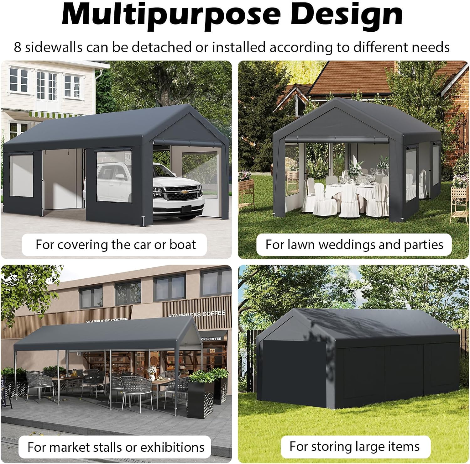 COSTWAY 3mx6m Carport, Heavy Duty Galvanized Car Canopy with 8 Removable Sidewalls & Adjustable Tarp, UV Resistant Waterproof Garage Boat Shelter Party Tent for Outdoor Garden