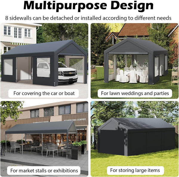 COSTWAY 3mx6m Carport, Heavy Duty Galvanized Car Canopy with 8 Removable Sidewalls & Adjustable Tarp, UV Resistant Waterproof Garage Boat Shelter Party Tent for Outdoor Garden