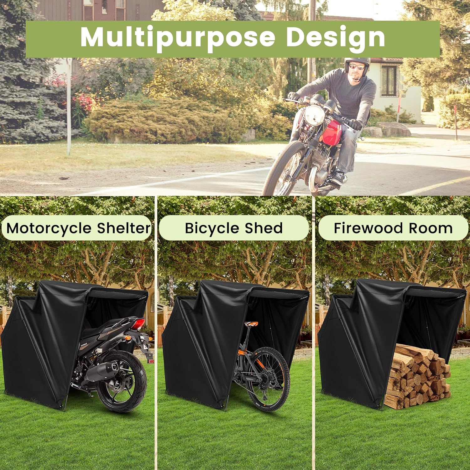 COSTWAY Large Motorcycle Tent, 342 x 137 x 193cm 600D Oxford Waterproof Motorbike Cover Shelter with Roll-up Mesh Windows & 8 Expansion Bolts, Folding Motorcycle Storage Shed