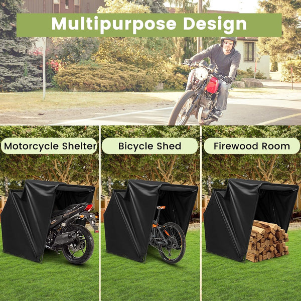 COSTWAY Large Motorcycle Tent, 342 x 137 x 193cm 600D Oxford Waterproof Motorbike Cover Shelter with Roll-up Mesh Windows & 8 Expansion Bolts, Folding Motorcycle Storage Shed