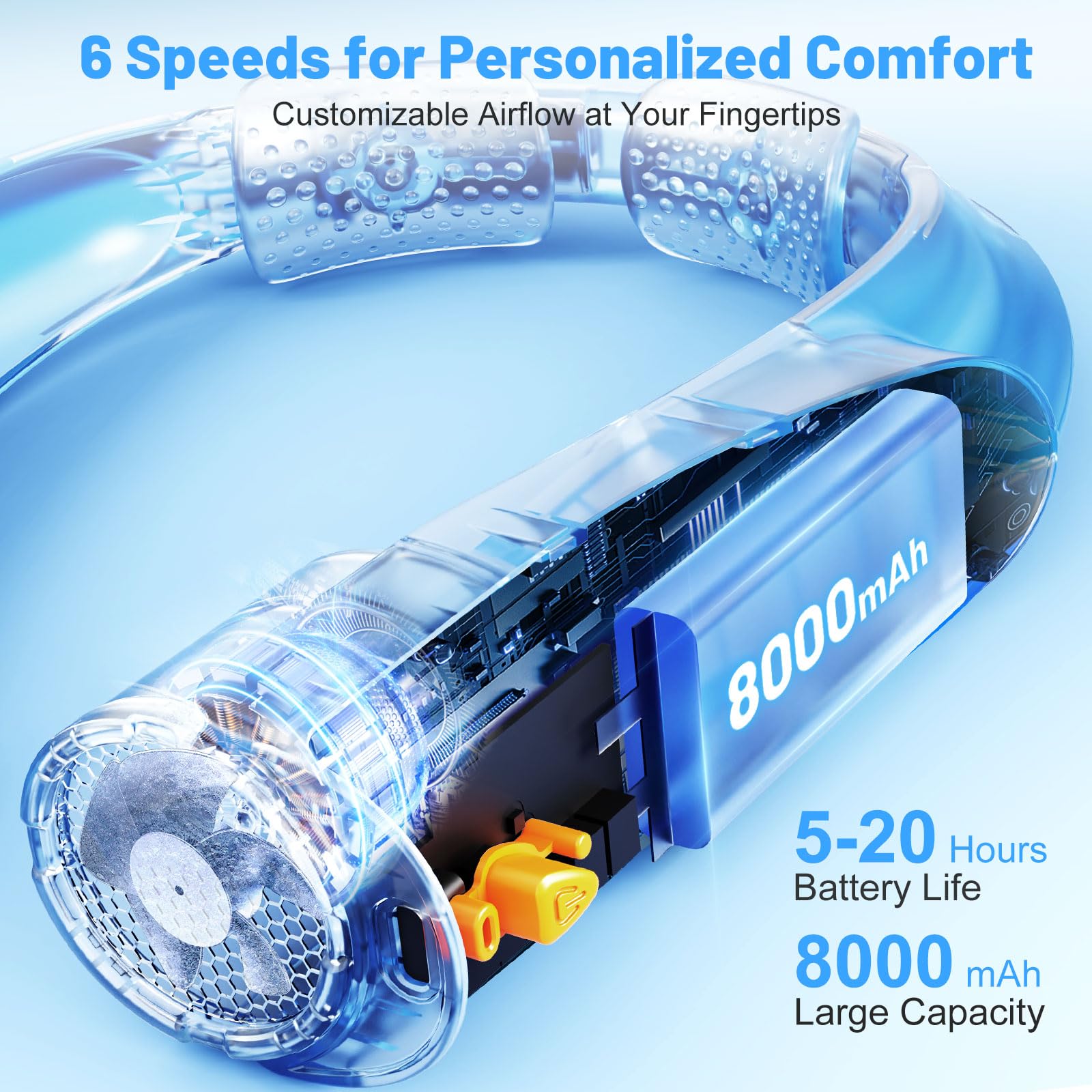 8000mAh Portable Neck Fan, Neck Air Conditioner with 6 Powerful Speeds, Hands-Free 360° Cooling Neck Fan, Rechargeable USB Fan Bladeless Wearable Foldable Mini Fan for Men Women Home Office Outdoor