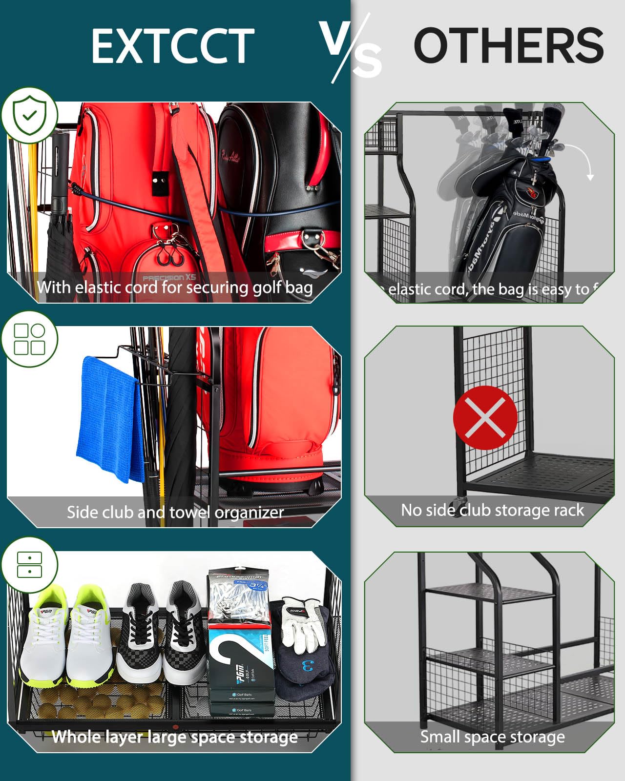 EXTCCT Golf Bag Storage Garage Organizer- Golf Bag Stand Fit for 2 Golf Bags and Golf Clubs, Golf Balls, Golf Equipment Accessories, Extra Large Golf