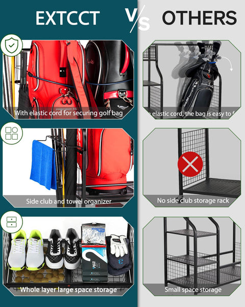 EXTCCT Golf Bag Storage Garage Organizer- Golf Bag Stand Fit for 2 Golf Bags and Golf Clubs, Golf Balls, Golf Equipment Accessories, Extra Large Golf