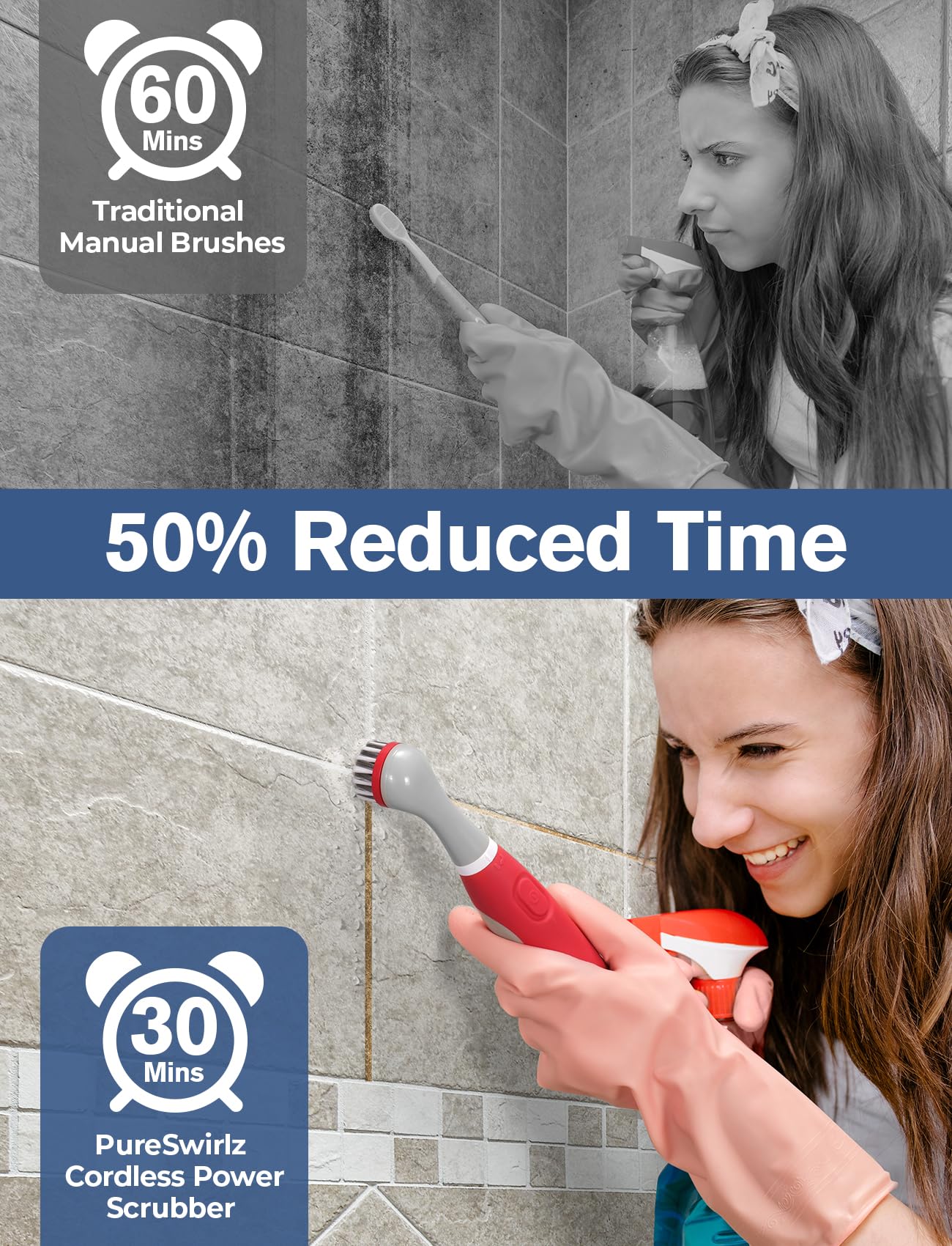 PureSwirlz Electric Cleaning Brush, Battery Operated Power Scrubber with 5 Brush Heads, Stainless Steel Wire Brush, Tile Grout Cleaner Shower Crevice Cleaning Brush for Tile Corner Grout Tight Space