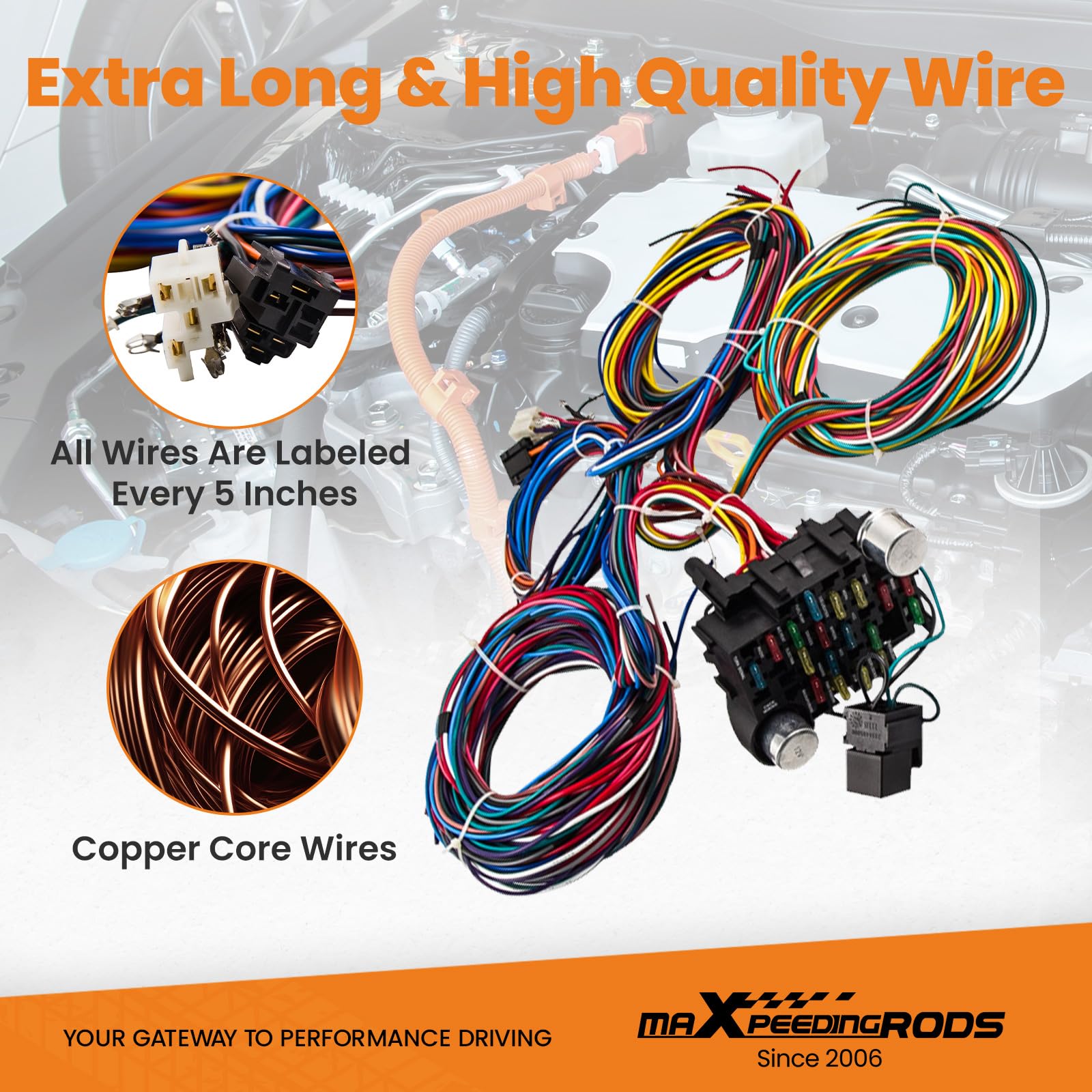 maXpeedingrods Wiring Harness, Universal 21 Circuit 17 Fuses Wiring Kit, Standard Color Long Wire Harness Set for Car Truck RV Motor