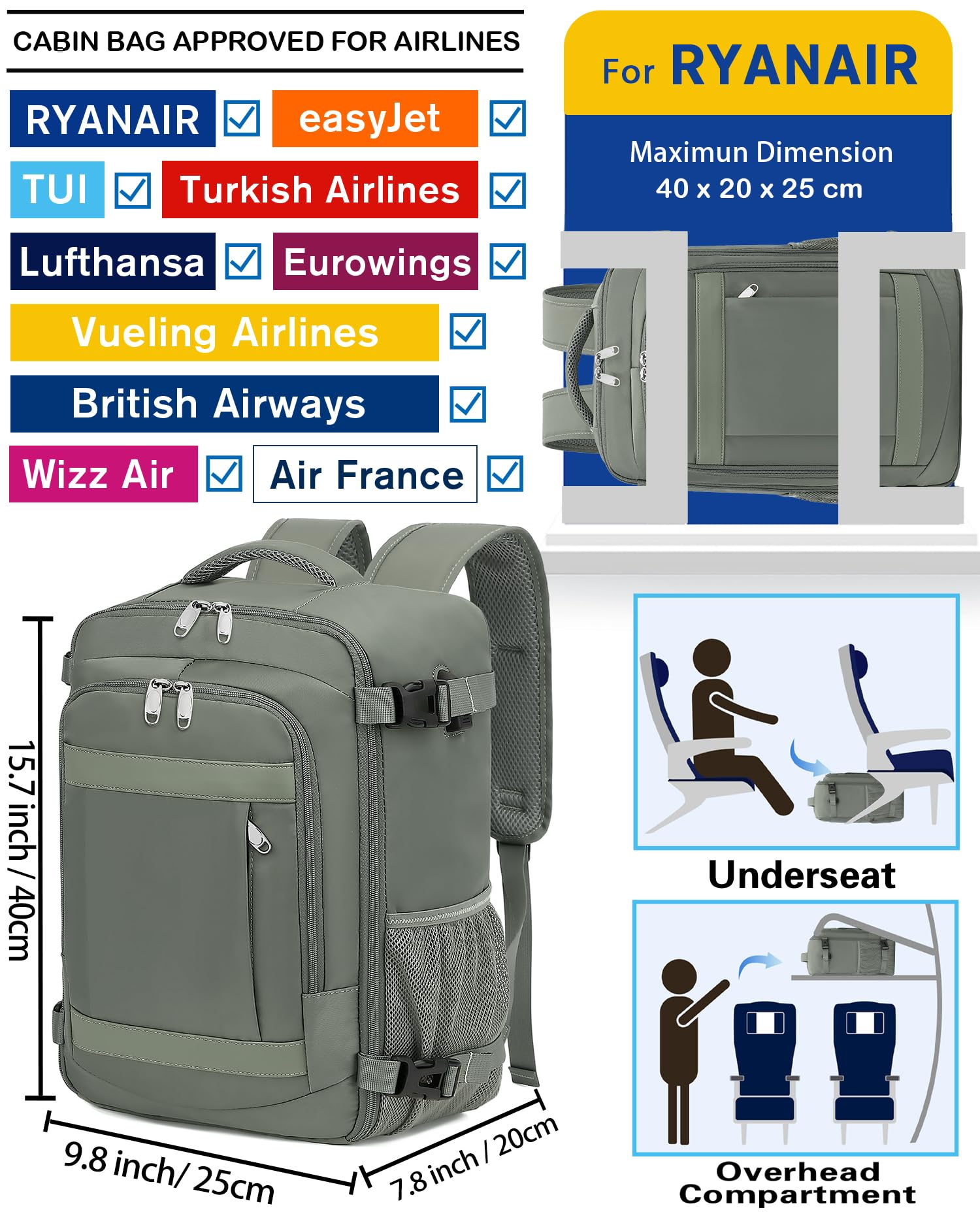 KLOSTAIN for Easyjet Cabin Bag 45x36x20 Travel Backpack Hand Luggage Carry-ons Bag Laptop Backpack Ruscksack for Airplanes Flight New Easyjet Underseat Cabin Bags Fit 14" Laptop Navy