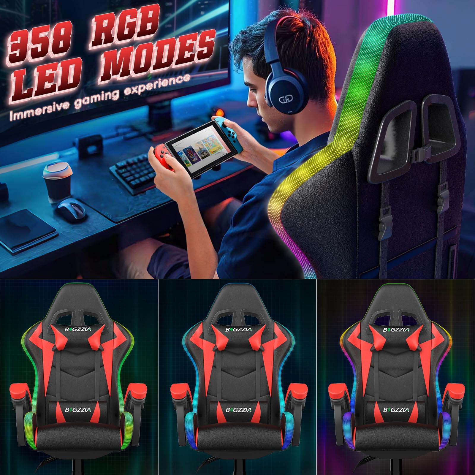 bigzzia RGB Gaming Chair with LED Lights and Ergonomic Computer Chair Reclining PU Leather High Back Video Game Chair with Headrest Adjustable Lumbar Support Linkage Armrest for Adults (Black/Grey)