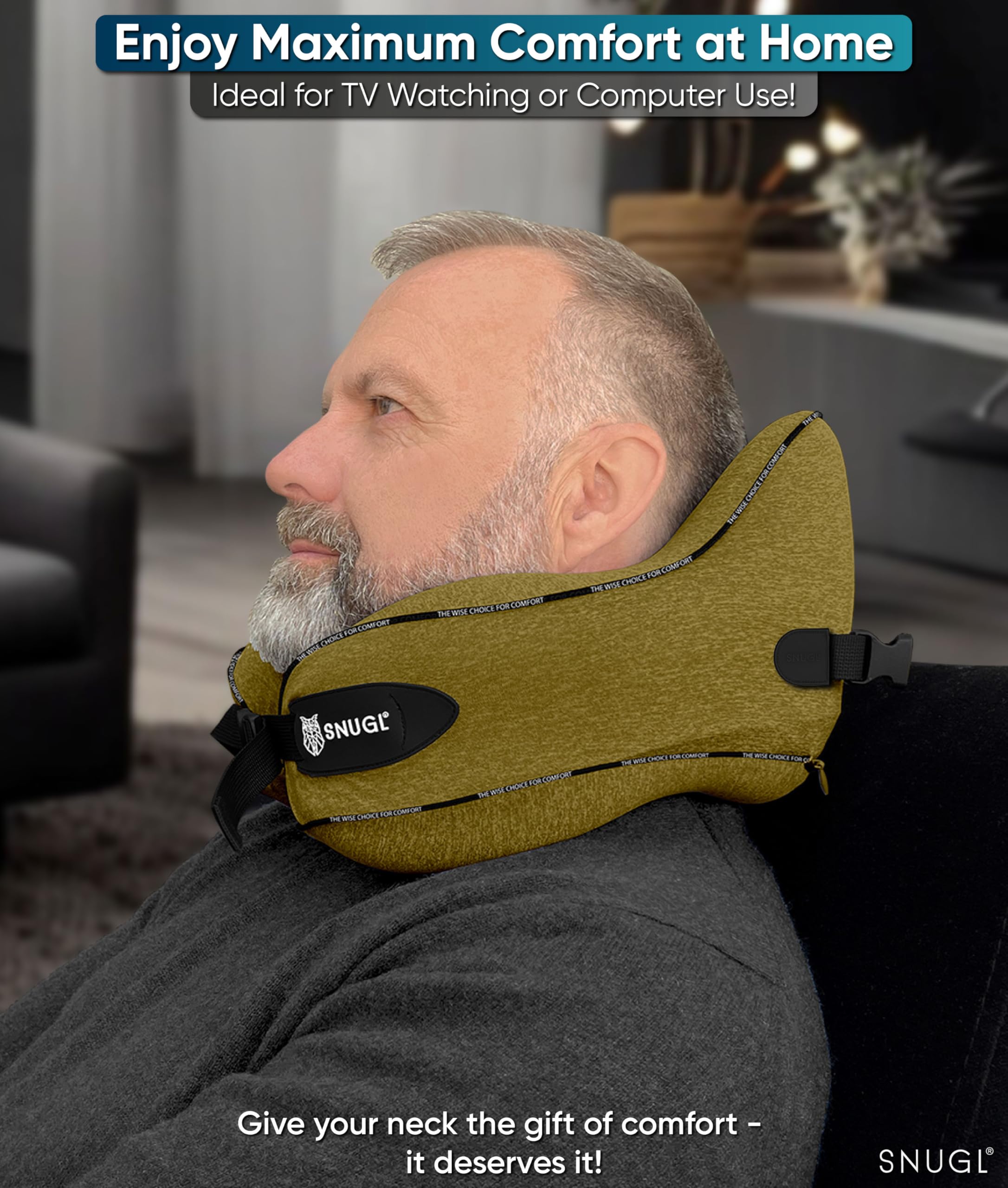 SNUGL Travel Pillow – Memory Foam Neck Pillow for Travel – Support Cushion for Airplane with Carry Bag & Clip - Holiday Essentials (Black - Adult Regular)