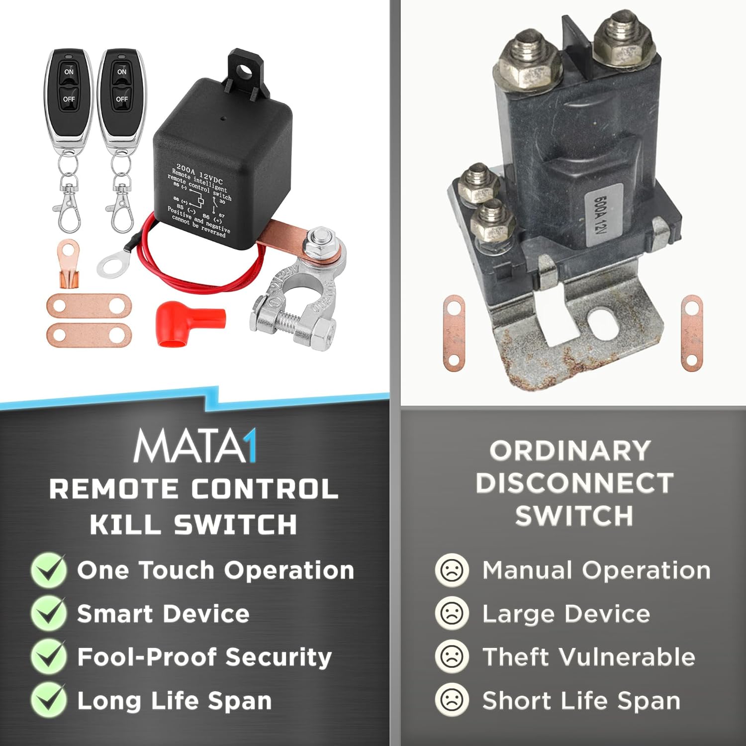 Battery Disconnect Switch - Anti-Theft Remote Car Battery Switch - Top Mount - 200 amp, 12 V - Automatic Cut Off Kill Switch