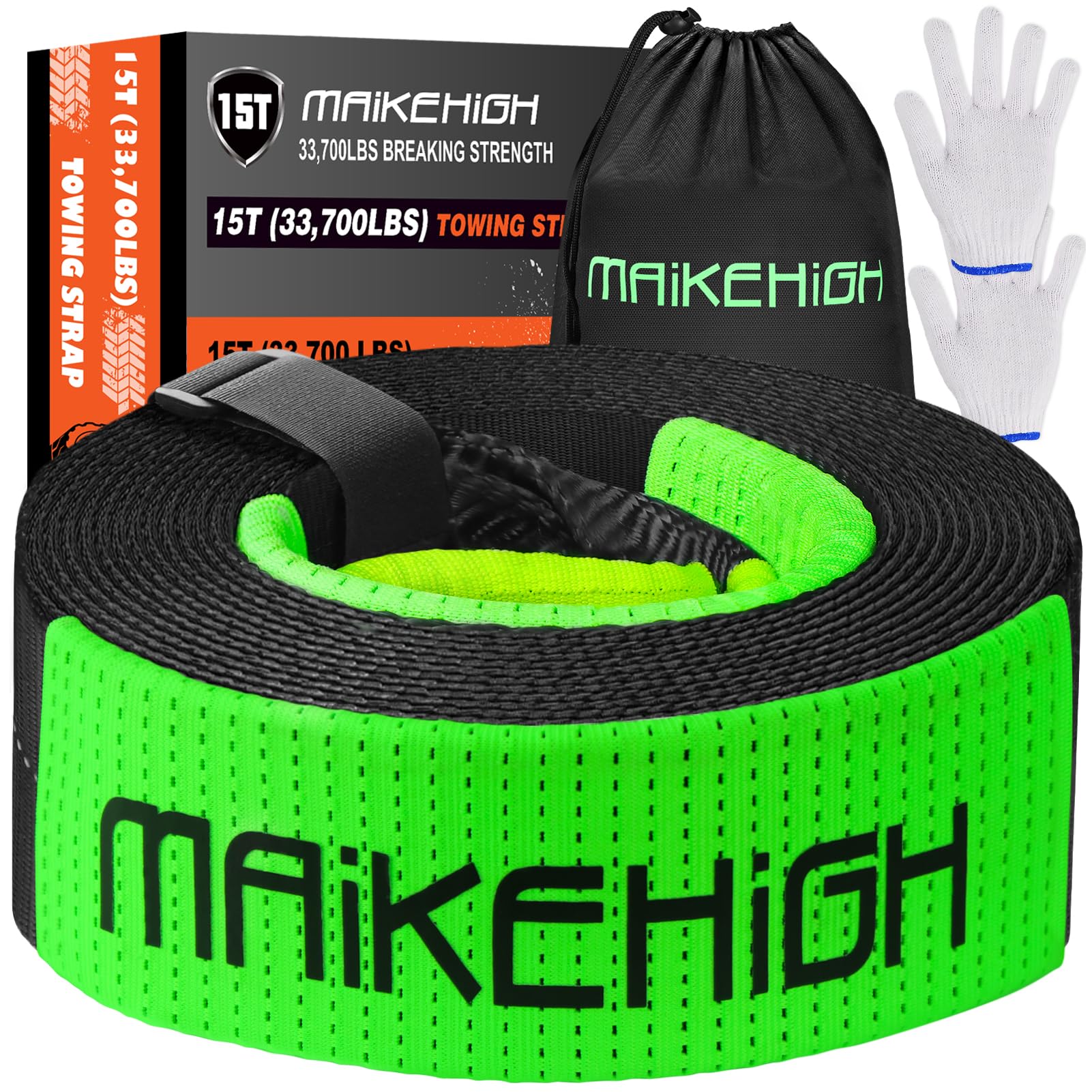 MAIKEHIGH Towing Rope 15 Ton (33,700 Lbs), 6M x 7.6cm Off-Road Recovery Tow Strap with 2 Gloves for Car, Truck, SUV, Snow (Green)