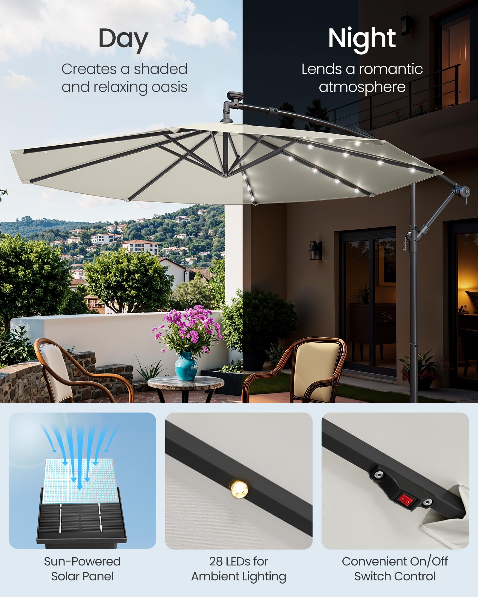 SONGMICS Cantilever Garden Parasol with Solar-Powered LED Lights, 3 m Banana Patio Umbrella with Base, Crank for Opening Closing, Sunshade with Protection UPF 50+, Beige GPU118M01