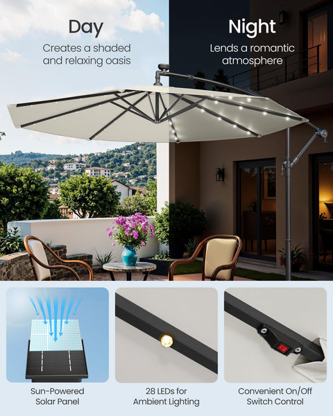SONGMICS Cantilever Garden Parasol with Solar-Powered LED Lights, 3 m Banana Patio Umbrella with Base, Crank for Opening Closing, Sunshade with Protection UPF 50+, Beige GPU118M01