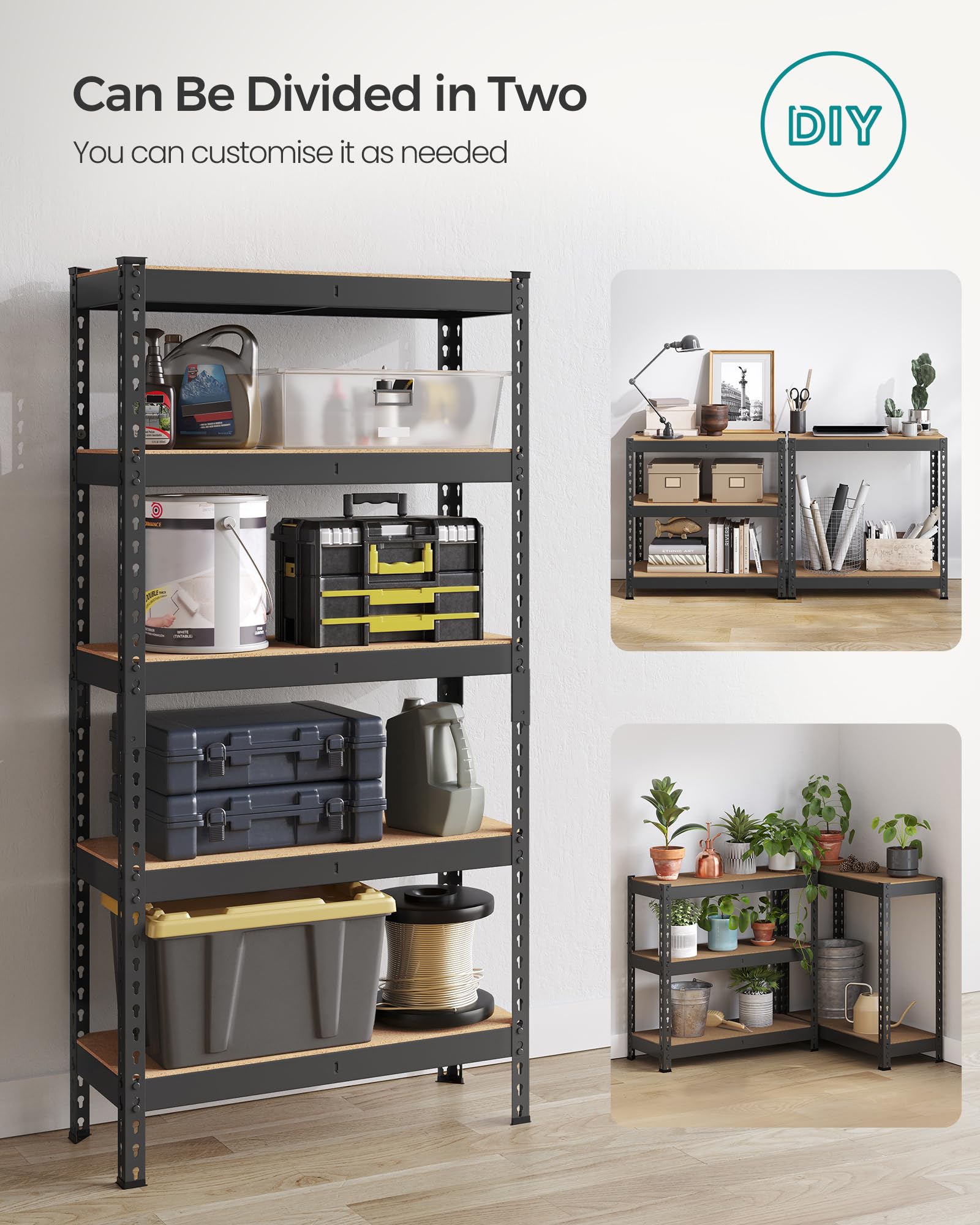 SONGMICS 5-Tier Shelving Unit, Storage Shelves, for Garage, Boltless Assembly, Adjustable Shelves, 30 x 75 x 150 cm, Load 875 kg, for Shed Warehouse Basement Kitchen, Black GLR300B01