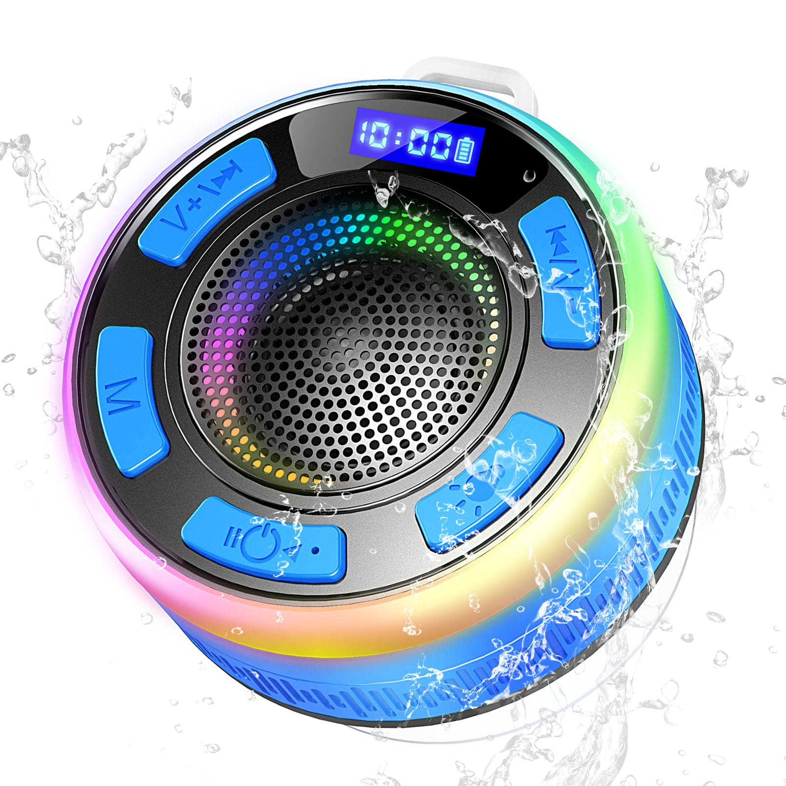 Bluetooth Shower Speaker with IPX7 Waterproof, Bluetooth Speaker with HD Stereo Sound, Built-in Mic Portable Wireless Speaker with Dynamic Lights 10H Playtime, for Outdoor Kitchen Gifts Golf, Black
