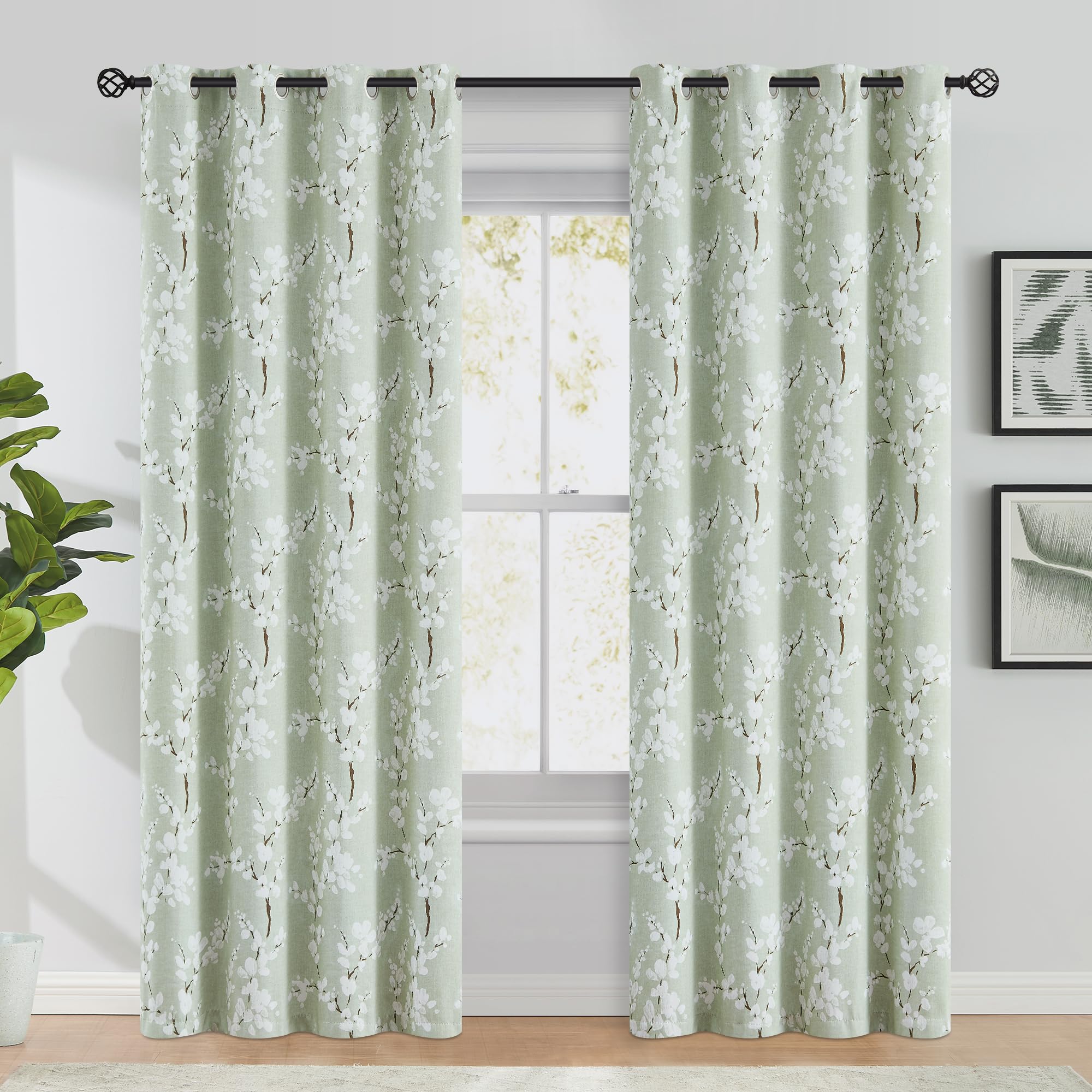 Fmfunctex Green Floral Blackout Curtains for Bedroom 90 inch Drop Eyelet Curtains for Living Room Nursary Blossom Thermal Insulated Window Curtain