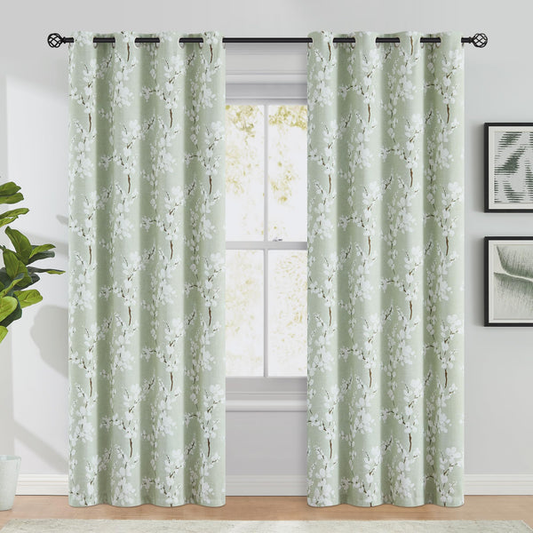 Fmfunctex Green Floral Blackout Curtains for Bedroom 90 inch Drop Eyelet Curtains for Living Room Nursary Blossom Thermal Insulated Window Curtain
