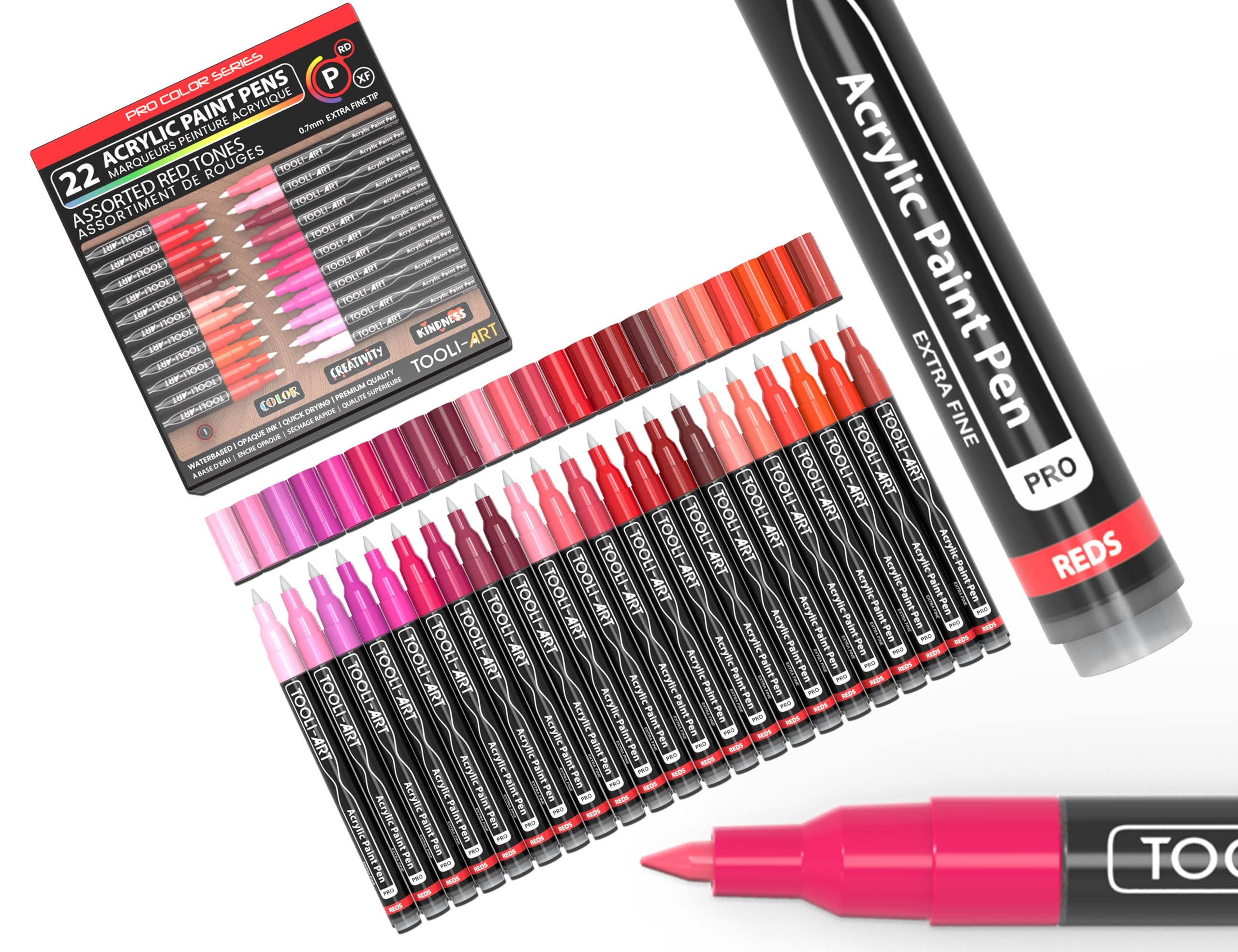 Acrylic Paint Pens 22 Red & Pink Tones Assorted Pro Colour Series Markers Set 0.7mm Extra Fine Tip for Rock Painting, Glass, Mugs, Wood, Metal,