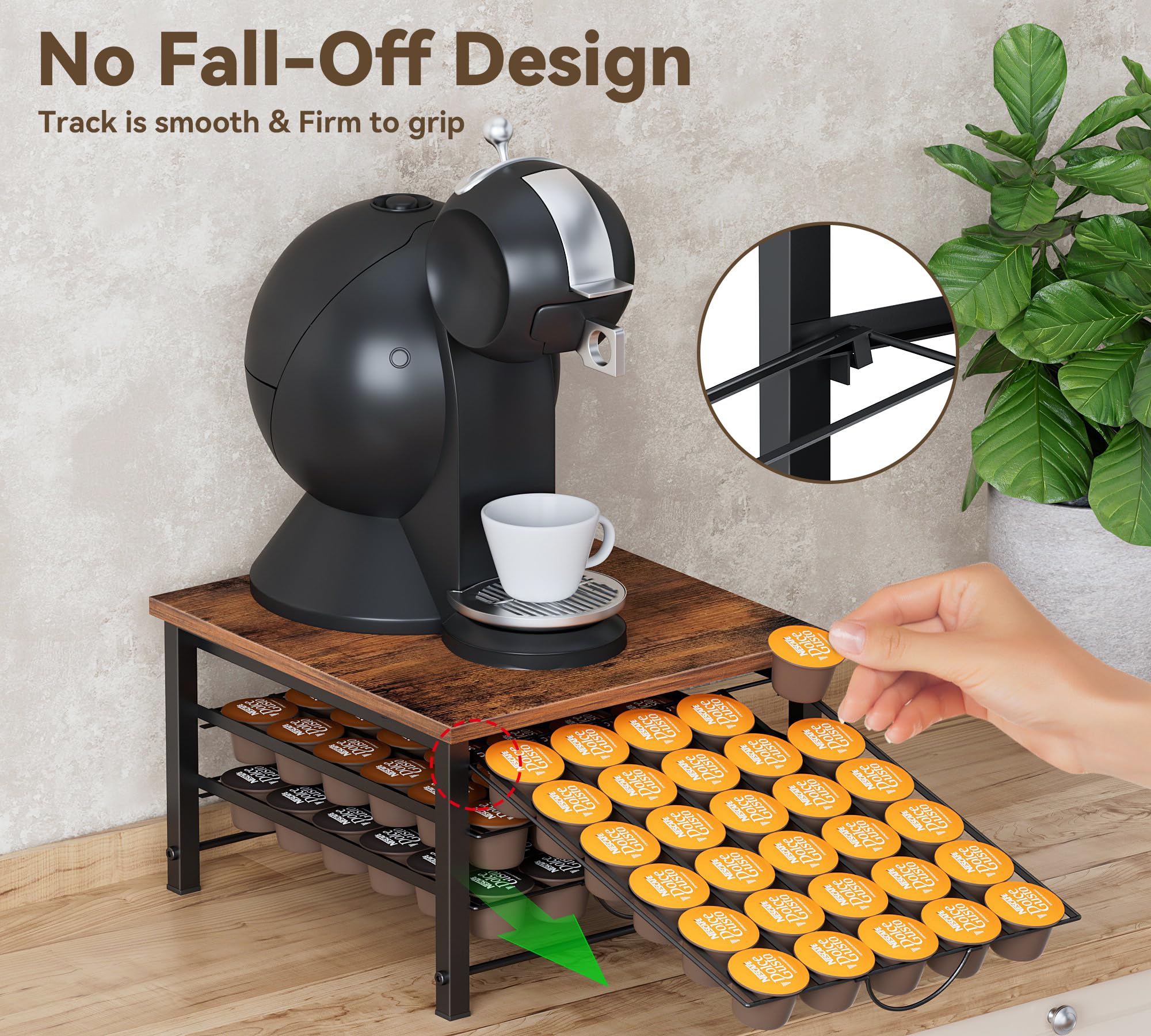 Coffee Pod Holder for Dolce Gusto, 90 Capsules Storage Drawer, 3-Tier Thick Metal with Sturdy Wooden Top, Vintage Coffee Pod Storage with Non-Slip