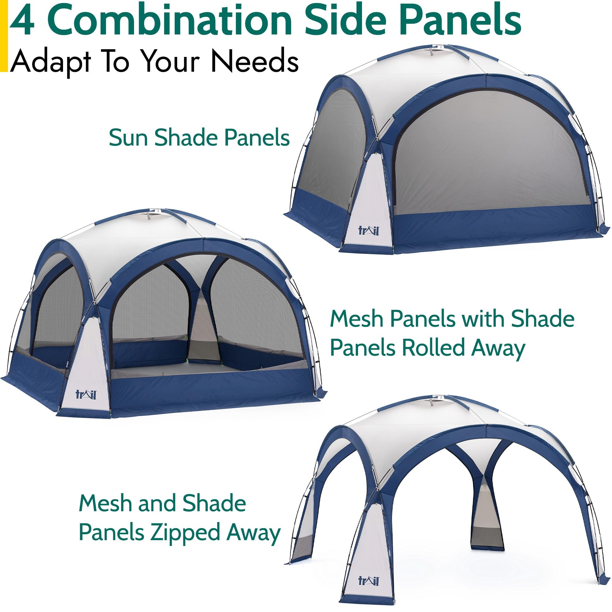 Trail Gazebo with Zip Away Sides, Dome Event Shelter for Outdoor Camping Garden Festival, Waterproof 2000mm, UPF50+ UV Sun Protection, Travel Bag, 3.5m x 3.5m x 2.3m (Grey)