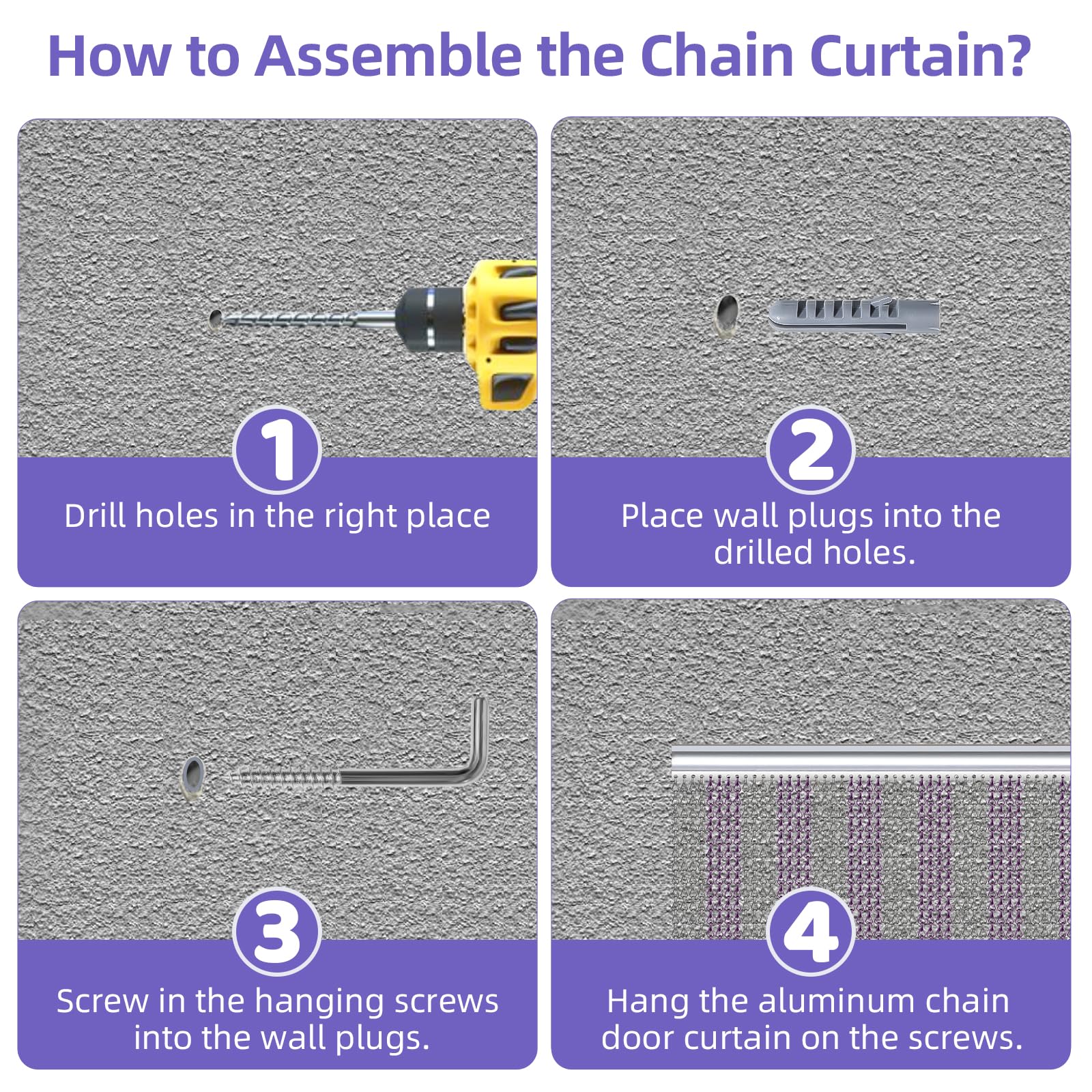 Gluwoer Aluminium Chain Curtain 100 x 210cm Metal Door Fly Screens Insect Control Curtain for Doorways (Silver & Purple)