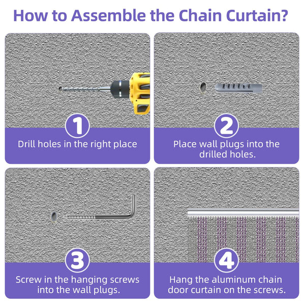 Gluwoer Aluminium Chain Curtain 100 x 210cm Metal Door Fly Screens Insect Control Curtain for Doorways (Silver & Purple)