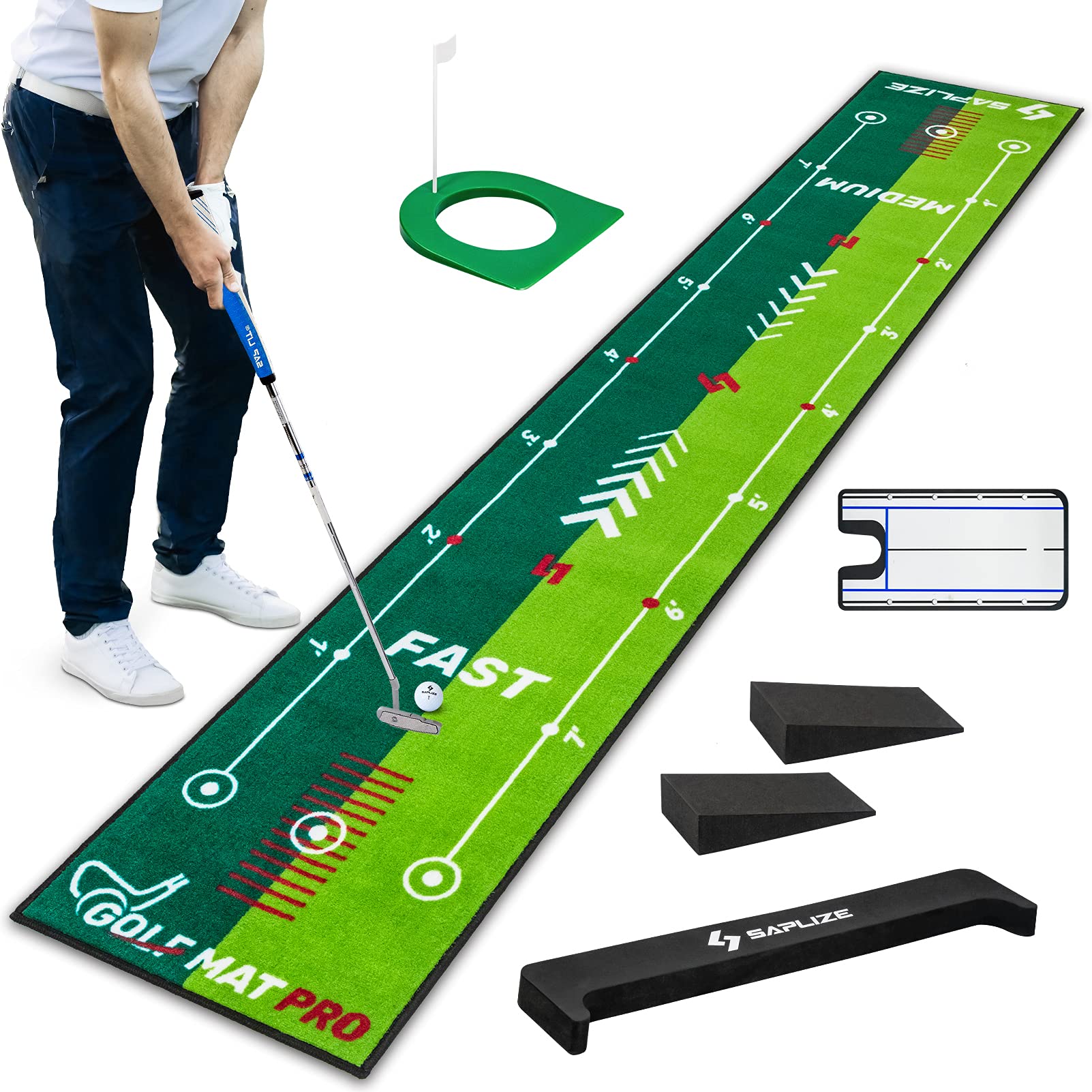 SAPLIZE Two-Speed Golf Putting Practice Mat with Putting Alignment Mirror and Putting Cup, 20 in X 10 ft Putting Training Aid Mat, Anti-Slip Backing