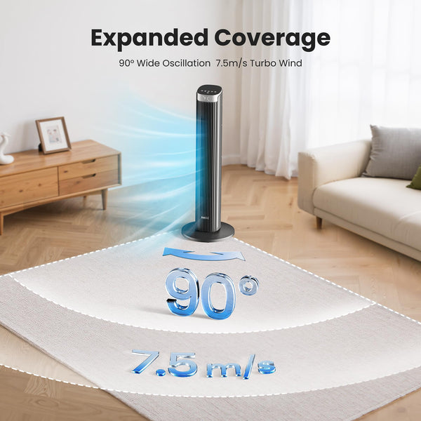 Pureborne 36" Smart Tower Fan with Remote, App & Touch Control, Silent Fans for Sleeping Capable of 25ft/s, LED Display, 90° Oscillating Fans for Bedroom & Office, Equipped with 12-Hour Timer, Black