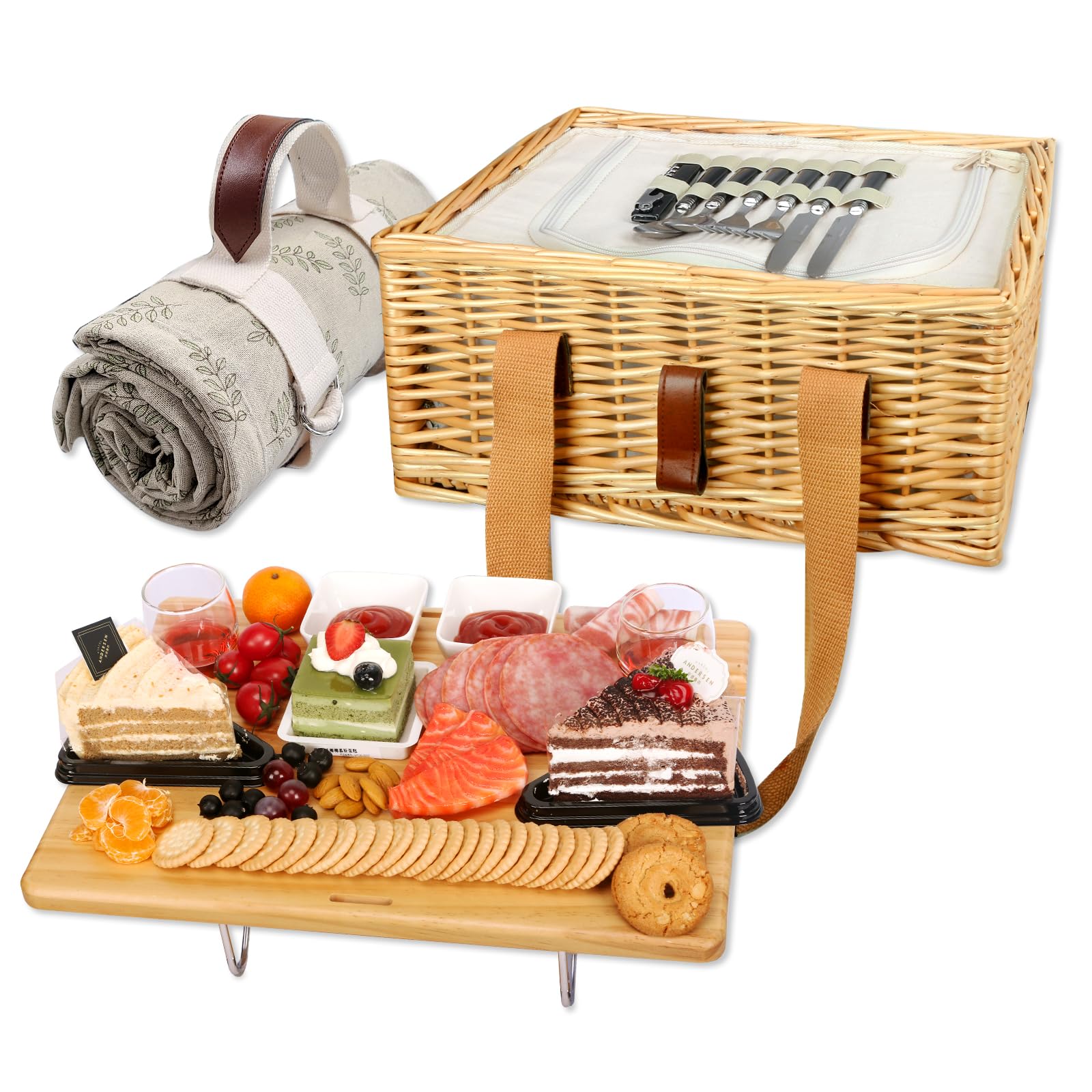 Hap Tim Wicker Picnic Basket for 2 with Mini Folding Wine Picnic Table & Large Insulated Cooler Bag & Cutlery Service Kits for 2 Person, Couples