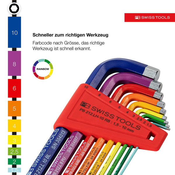 PB SWISS TOOLS Allen HEX L Long Key Set with Spherical Head Colored Model Rainbow