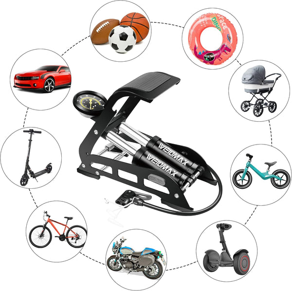 WEIDMAX Double Barrel Foot Pump, Double Cylinder Bike Pump Bike Floor Pump Portable Bicycle Pump Bicycle Tire Pump Road Bike Floor Air Inflator Pump with Pressure Gauge & Smart Valve Head