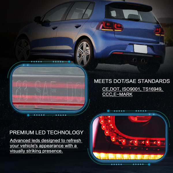 VLAND LED Tail Lights Fit for 2008-2013 Volkswagen Golf 6 MK6 TSI TDI GTD R(not for GTI/Variant/Cabriolet), Rear Lights with Sequential Turn Signal Indicators, E-mark, Red Smoked