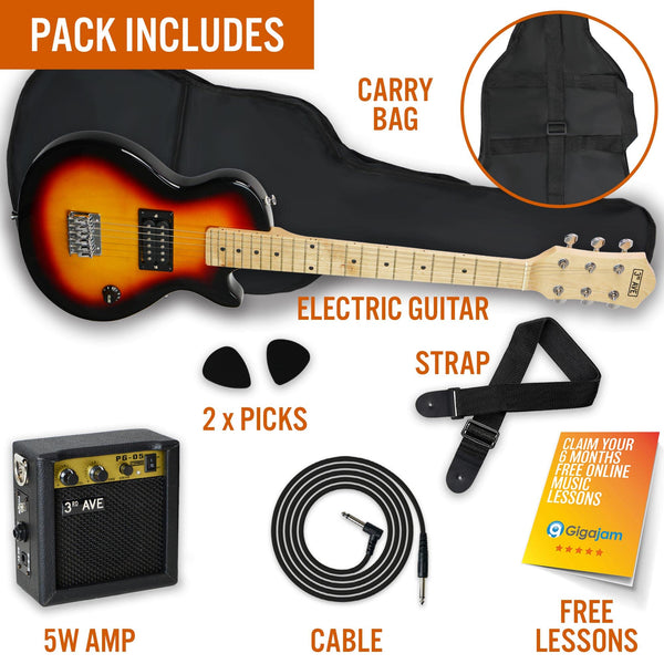 3rd Avenue 1/4 Size Kids Electric Guitar Pack for Junior Beginners - 6 Months FREE Lessons, 5W Portable Amp, Cable, Bag, Picks and Strap - Red