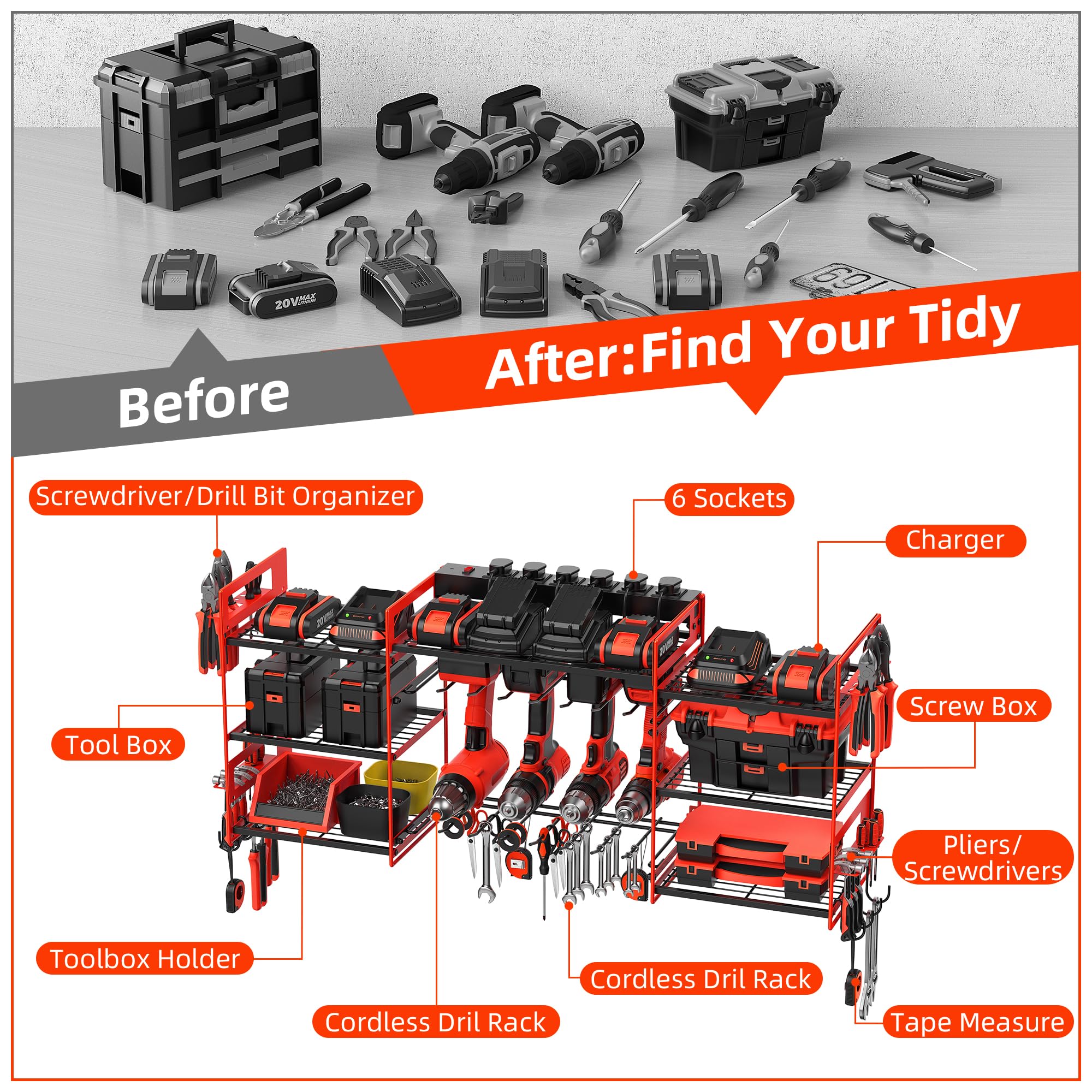 Power Tool Organizer with 6 Way Extension Lead,Large Tools Charging Station,8 Power Drill Tools Heavy Duty Drill Holder Wall Mounted Rack Utility Metal Tool Shelf Storage Organiser for Garage