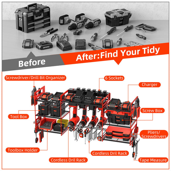 Power Tool Organizer with 6 Way Extension Lead,Large Tools Charging Station,8 Power Drill Tools Heavy Duty Drill Holder Wall Mounted Rack Utility Metal Tool Shelf Storage Organiser for Garage