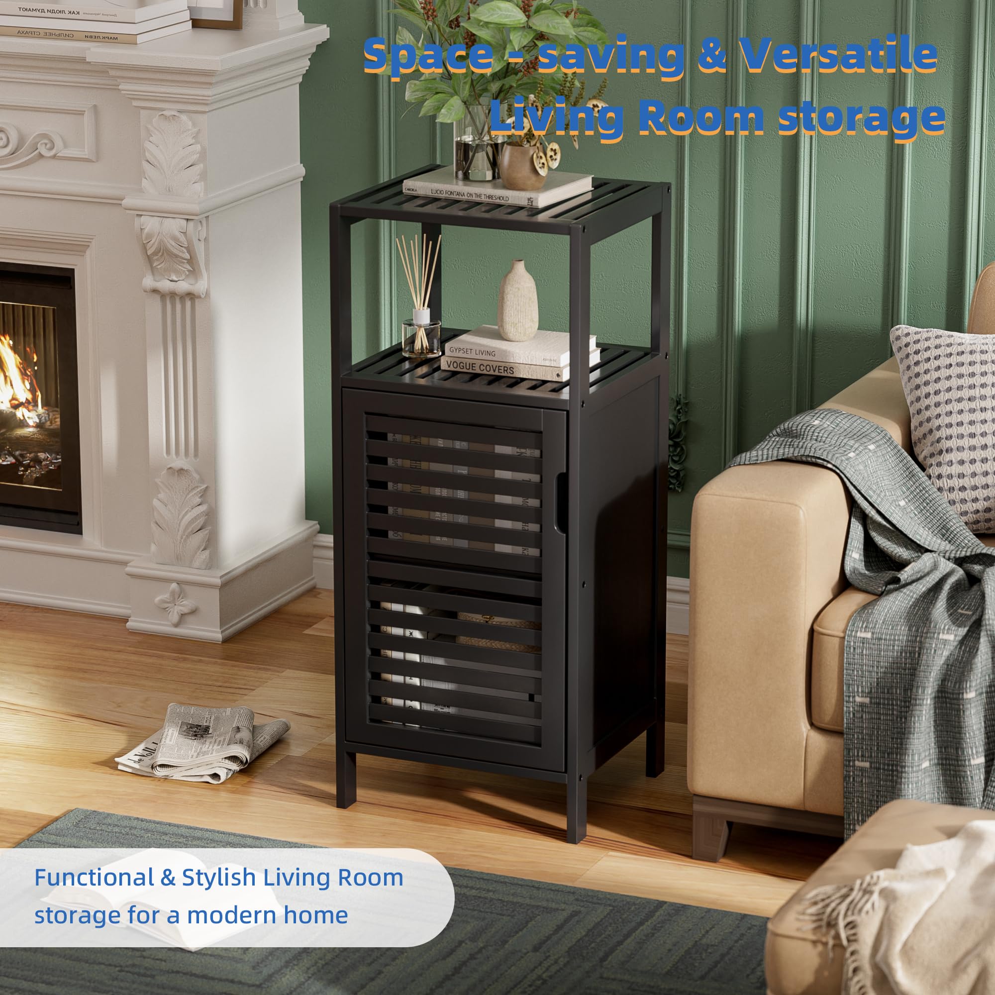 HITNET Bamboo Floor Cabinet, Small Bathroom Cabinet Floor Standing, 4 Tier Narrow Side Storage Cabinet, Space Saving Kitchen Cupboard with Single