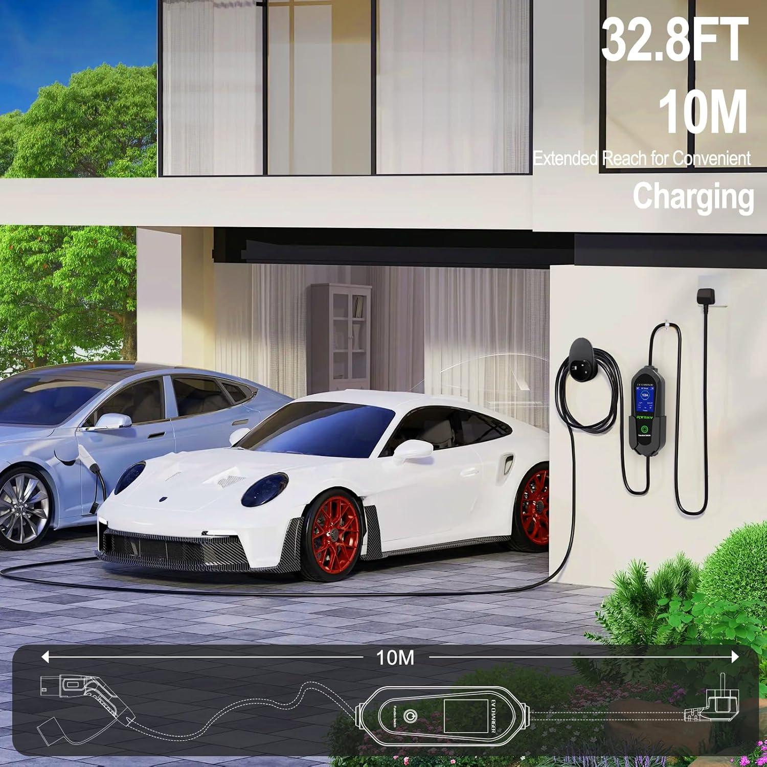 Ev Charger Cable Type 2 to 3 Pin UK Plug 10M/32.8ft, 3KW 13A with Adjustable Current, Includes UI Display Screen, Storage Bag & Wall Mount