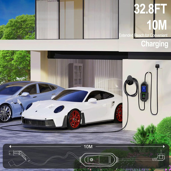 Ev Charger Cable Type 2 to 3 Pin UK Plug 10M/32.8ft, 3KW 13A with Adjustable Current, Includes UI Display Screen, Storage Bag & Wall Mount