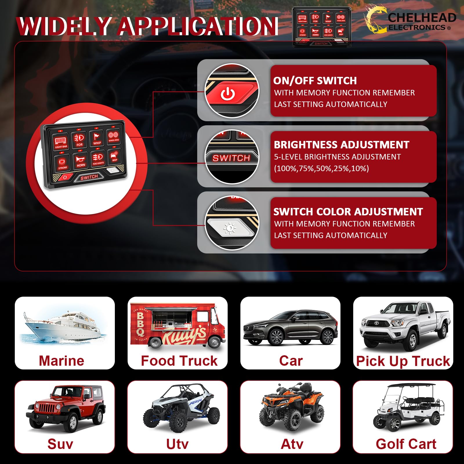 Chelhead 12V/24V Switch Control Panel RGB 6 Gang Dimmable Multi-Function Programmable Switch Panel Acc Battery Control Waterproof, Compatible with Truck Boat SUV RV Trailer Marine ATV UTV