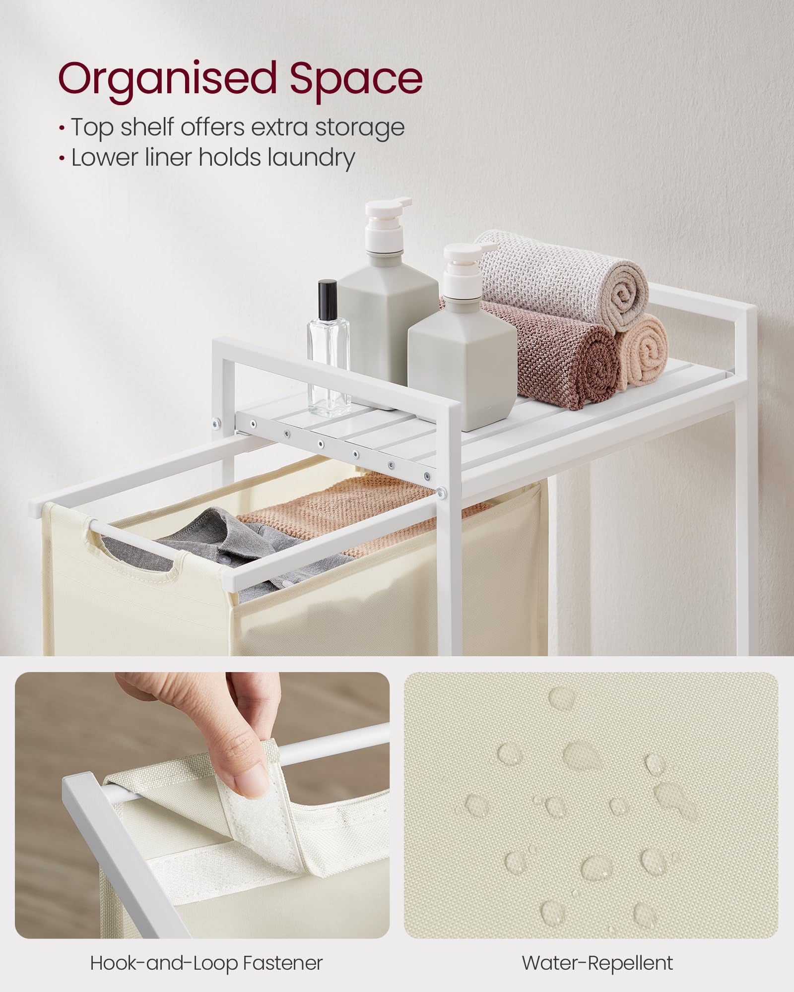 VASAGLE Laundry Basket, Laundry Hamper, Pull-Out and Removable Liner Bag, Shelf, Metal Frame, 65 L, 50 x 33 x 72 cm, Ink Black and Rustic Brown BLH101B01