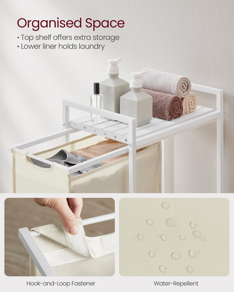 VASAGLE Laundry Basket, Laundry Hamper, Pull-Out and Removable Liner Bag, Shelf, Metal Frame, 65 L, 50 x 33 x 72 cm, Ink Black and Rustic Brown BLH101B01