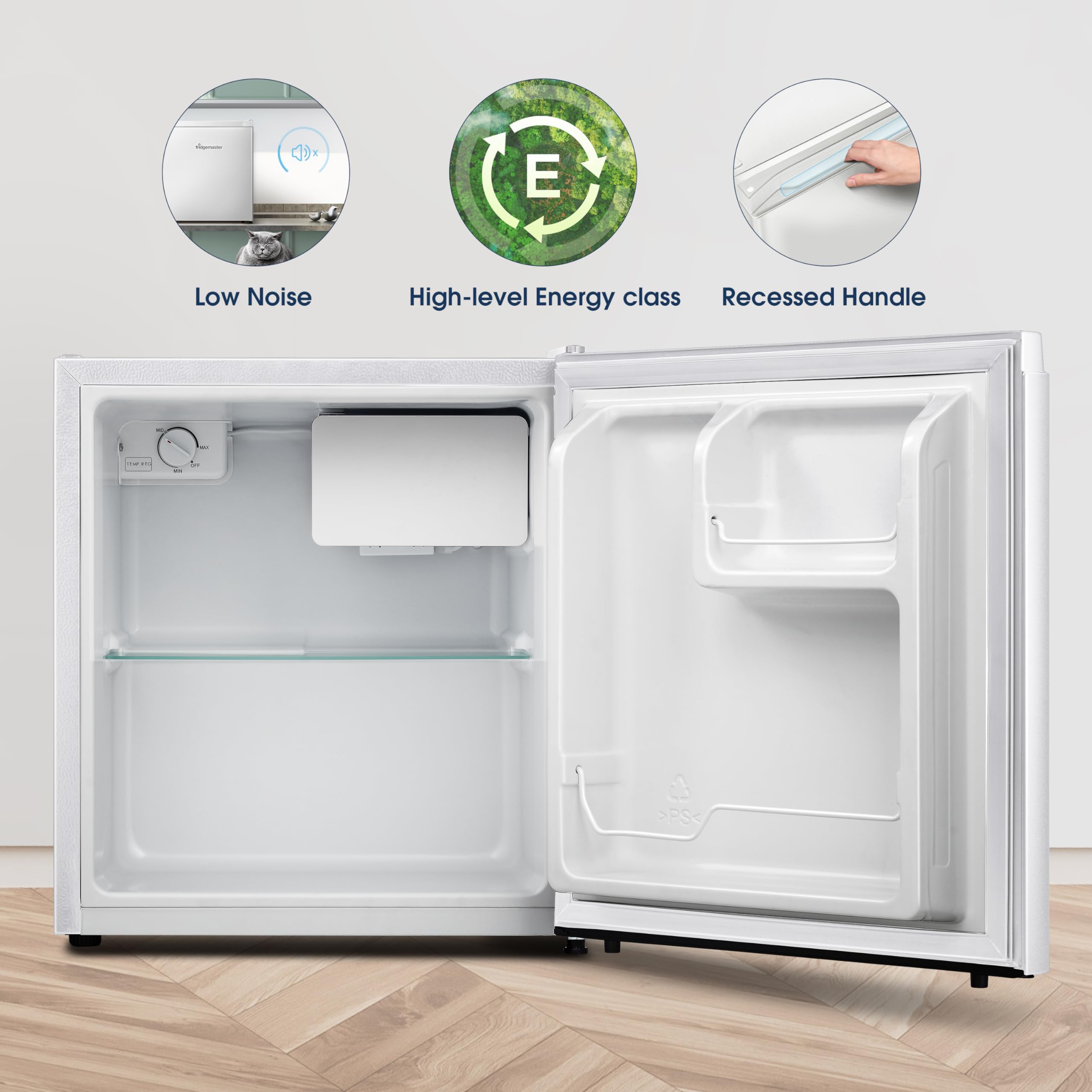 Fridgemaster MUR4545 Small Table Top 45cm Mini Fridge - 45 L - Mechanical Control with Adjustable Thermostat - Reversible Door - 39 dB Low noise - Broad Climate Design - White - E Rated