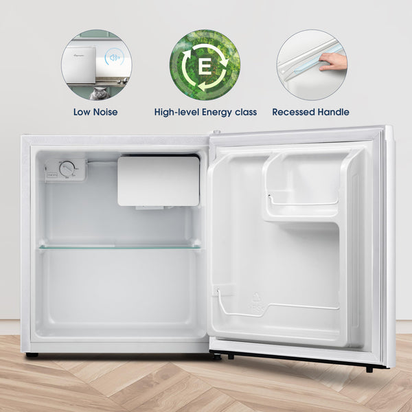Fridgemaster MUR4545 Small Table Top 45cm Mini Fridge - 45 L - Mechanical Control with Adjustable Thermostat - Reversible Door - 39 dB Low noise - Broad Climate Design - White - E Rated