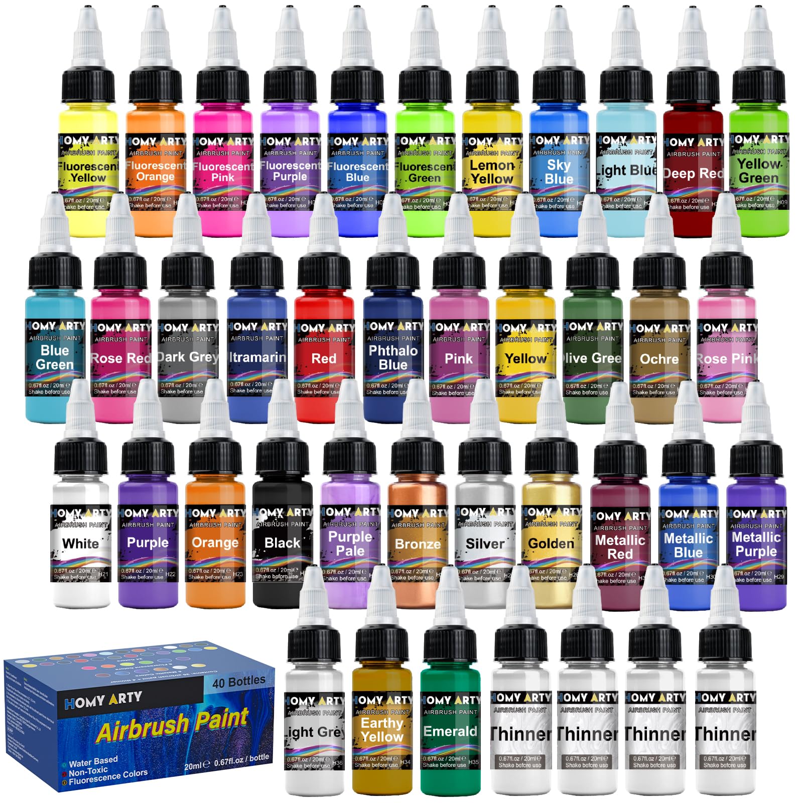 HOMY ARTY Airbrush Paint, 36 Colours with 4 Thinner Airbrush Paint Set, Water-Based Air Brush Colours, Ready to Spray, 20 ml/Bottle