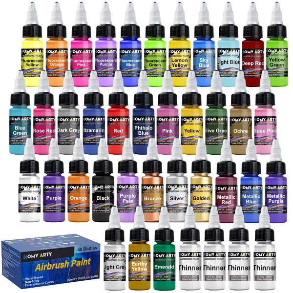 HOMY ARTY Airbrush Paint, 36 Colours with 4 Thinner Airbrush Paint Set, Water-Based Air Brush Colours, Ready to Spray, 20 ml/Bottle