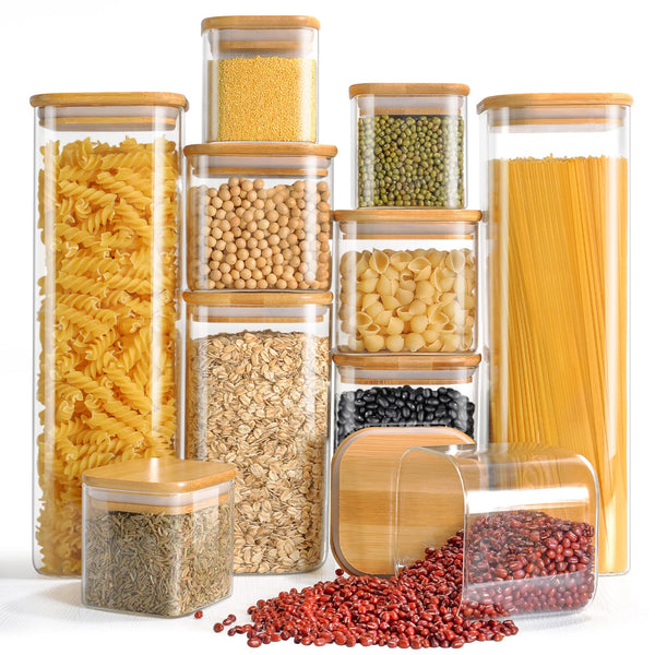 Finew Storage Jars with Lids, Set of 10 Airtight Glass Jars 2100ml 1500ml 750ml 350ml, Square Storage Jars & Canisters, Spice Jars for Pasta Flour