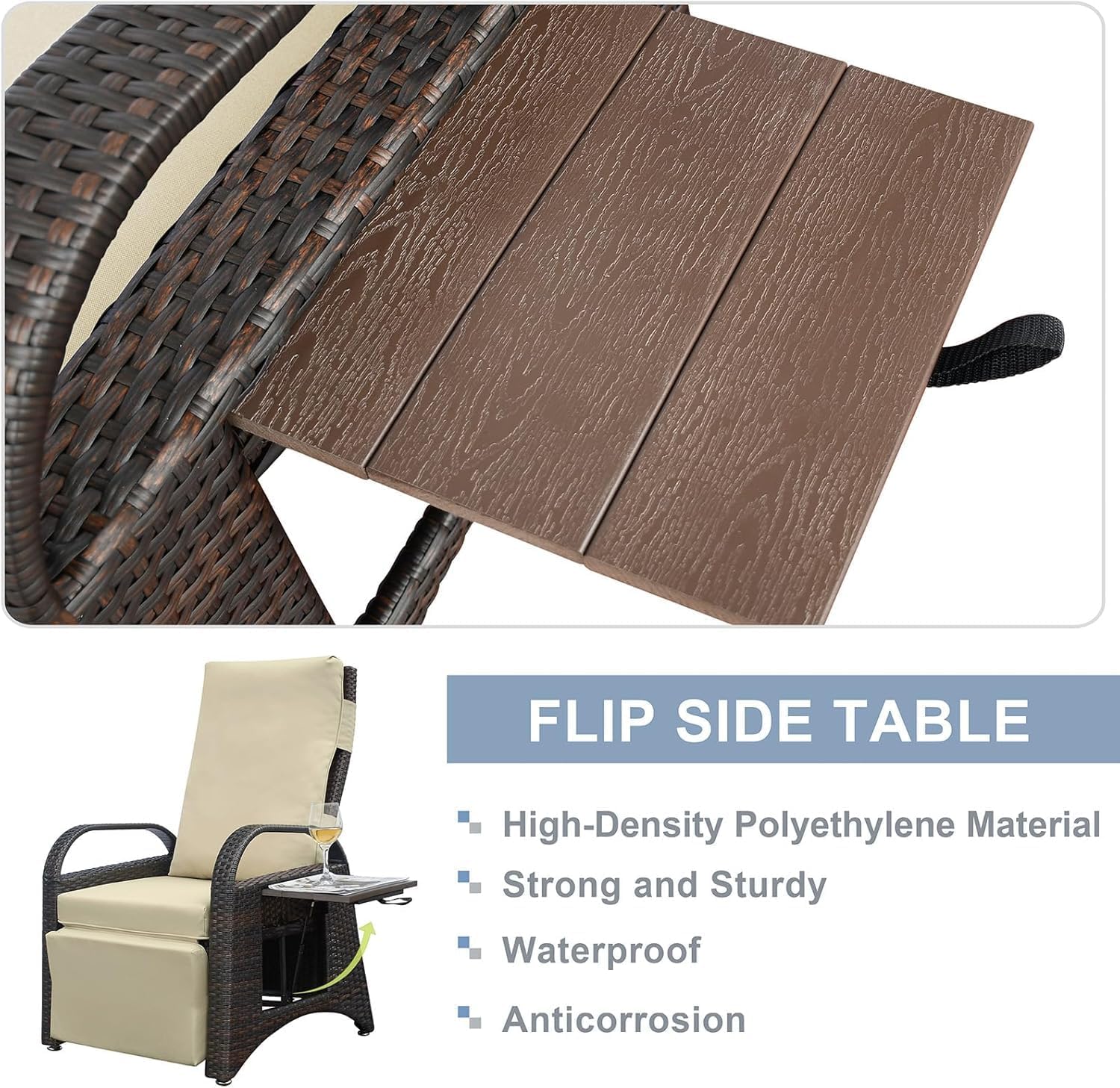 ATR ART TO REAL Rattan Garden Recliner Chairs,Sun Loungers for Outdoor Patio Furniture,2 Buckles Adjustable Backrest & Footrest Separately,All Weather Use Hand-woven Reclining Garden Chair,Khaki